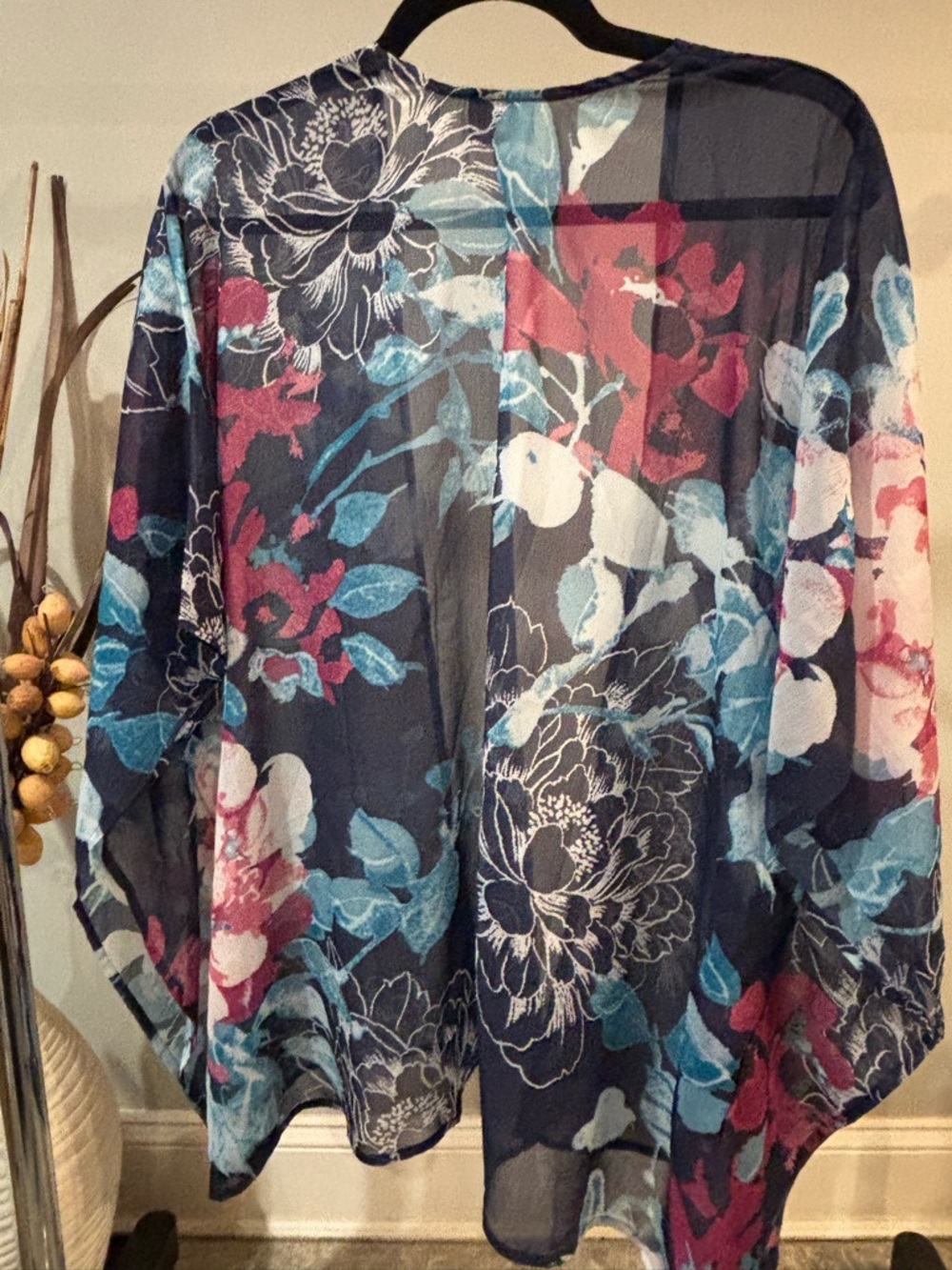Chico's Sheer Floral Kimono in Navy with Teal & Pink one size - Picture 6 of 6